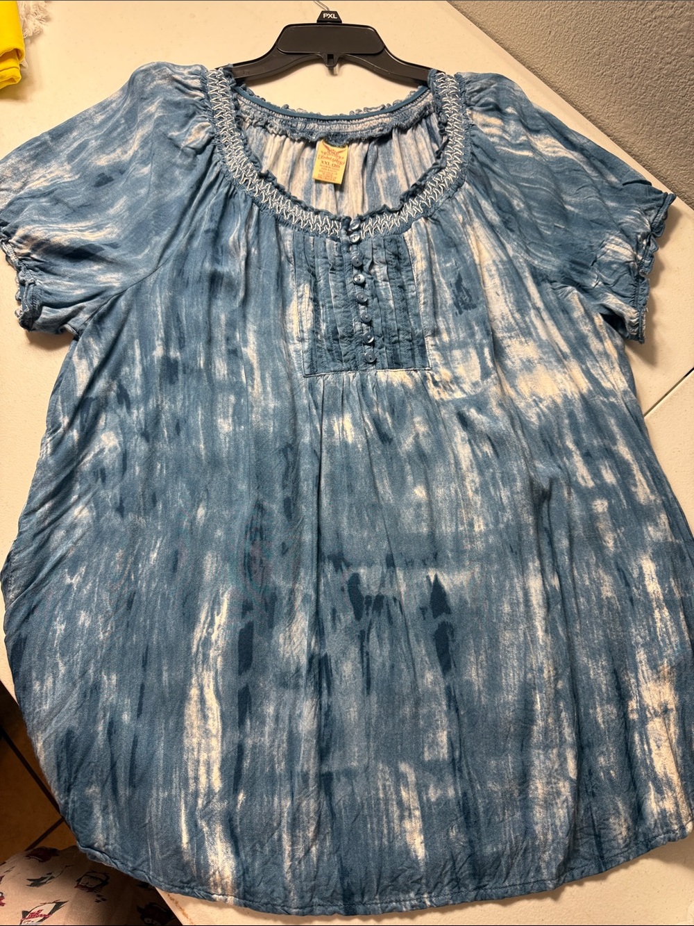 Faded Glory Blue Tie-Dye Smocked Neck Blouse
